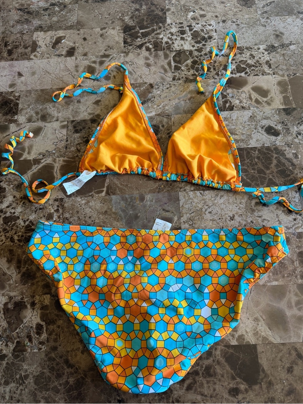 Turquoise & Orange Mosaic Triangle Bikini Set - Picture 2 of 4